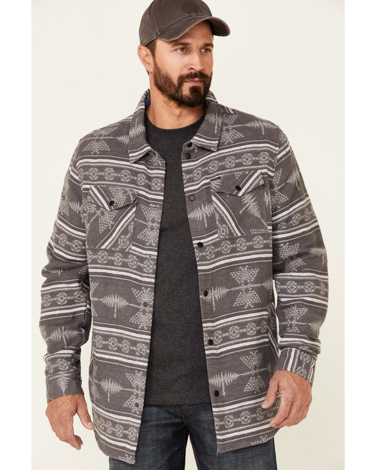 Rock & Roll Denim Men's Southwestern Jacquard Long Sleeve Button-Down Shirt Jacket, Charcoal, hi-res