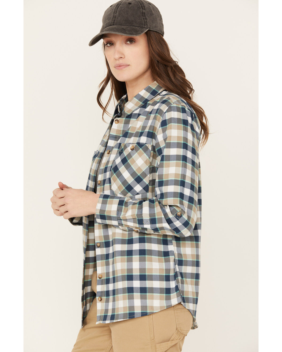 Image #2 - Wrangler Riggs Workwear Women's Plaid Print Long Sleeve Button Down Shirt, Tan, hi-res