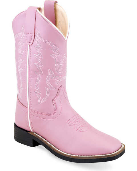 Old West Girls' Pink White Stitched Boots - Square Toe , Pink, hi-res