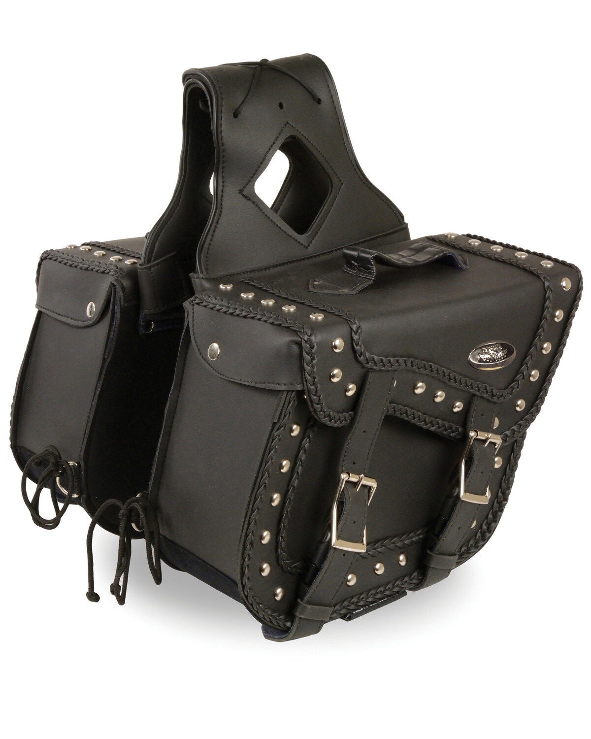 Milwaukee Leather Medium Braided Zip-Off PVC Throw Over Saddle Bag with Studs, Black, hi-res