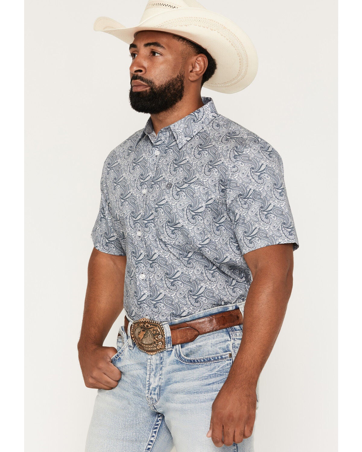Image #2 - Cody James Men's Zeke 2.0 Paisley Print Short Sleeve Button-Down Stretch Western Shirt, Blue, hi-res