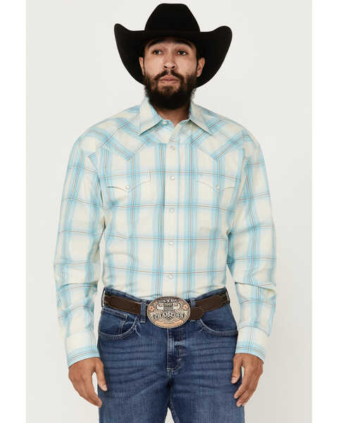 Stetson Men's Plaid Print Long Sleeve Pearl Snap Western Shirt, Turquoise, hi-res