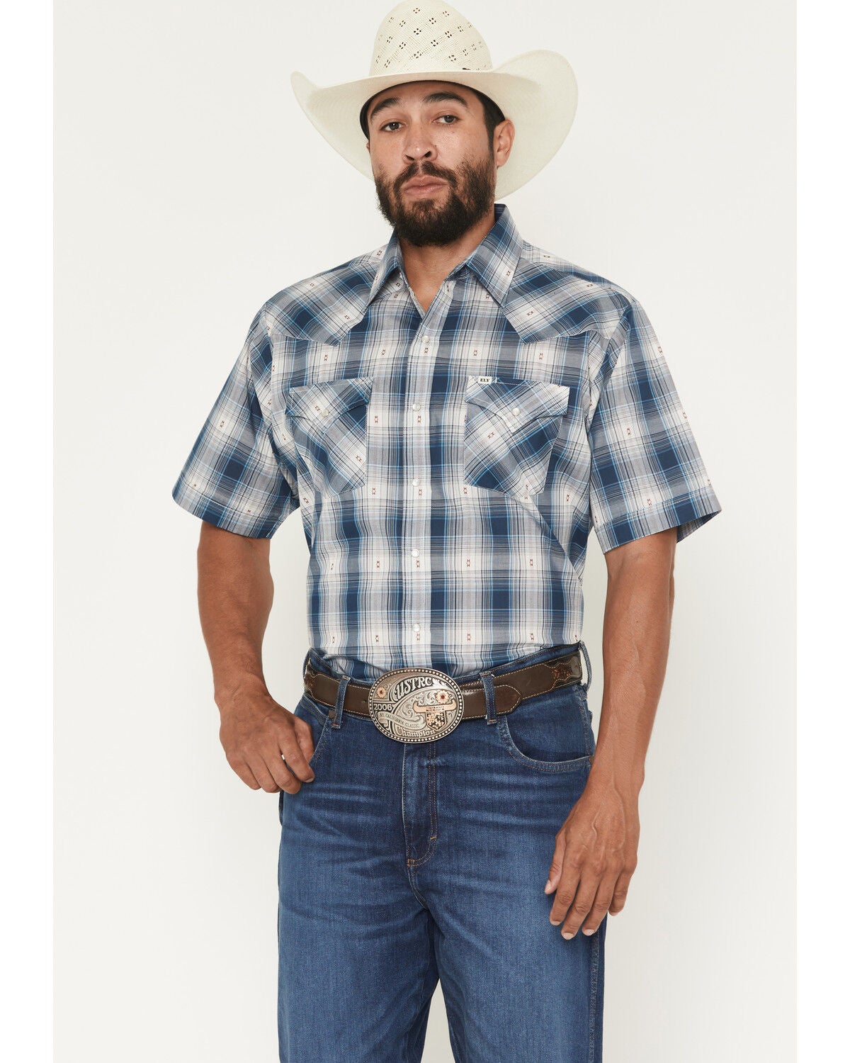 Ely Walker Men's Plaid Print Short Sleeve Pearl Snap Western Shirt, Navy, hi-res