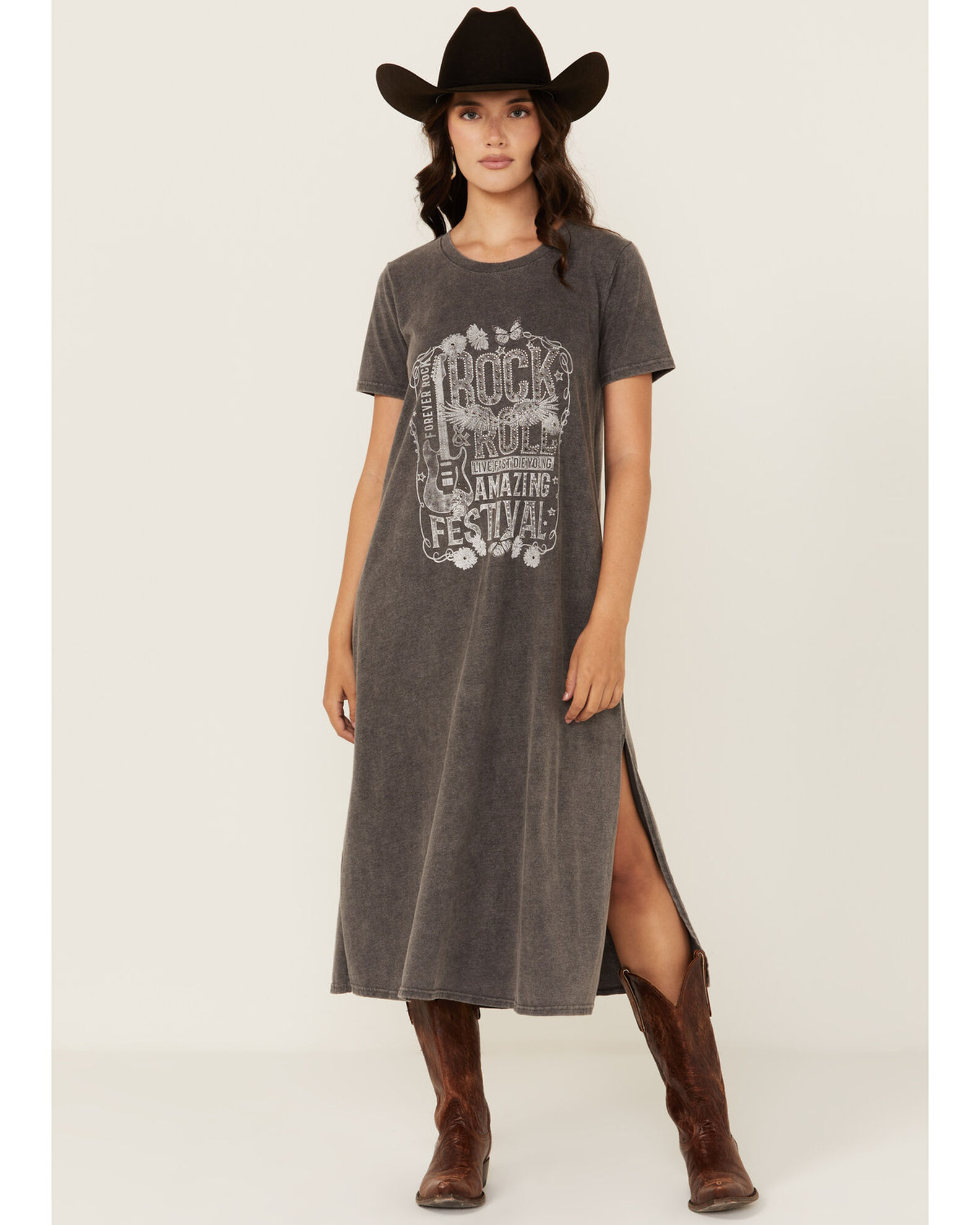 Blended Women s Rock Roll Short Sleeve Graphic Midi T Shirt Dress Boot Barn