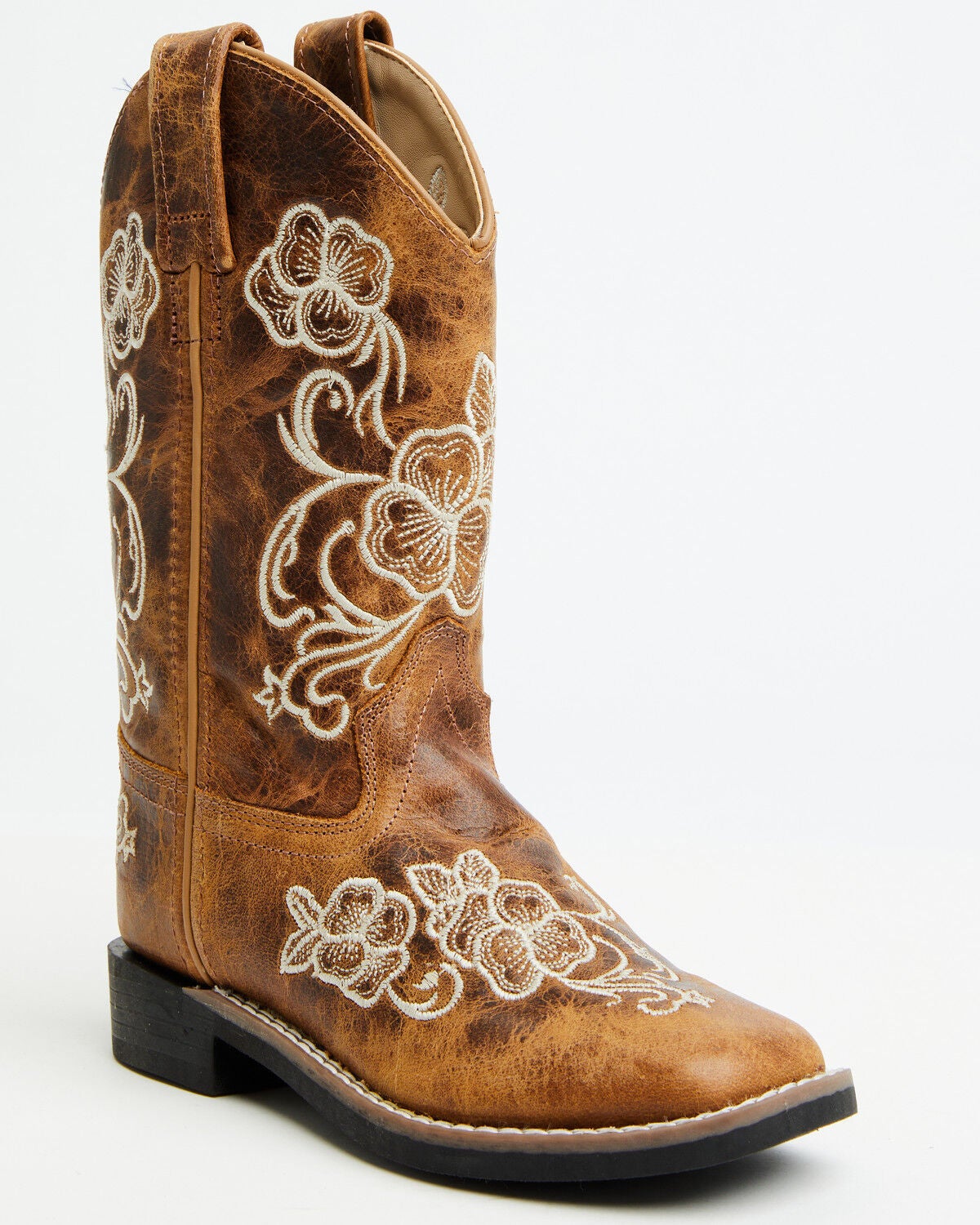 Image #1 - Shyanne Girls' Little Lasy Floral Embroidered Western Boots - Broad Square Toe, Tan, hi-res