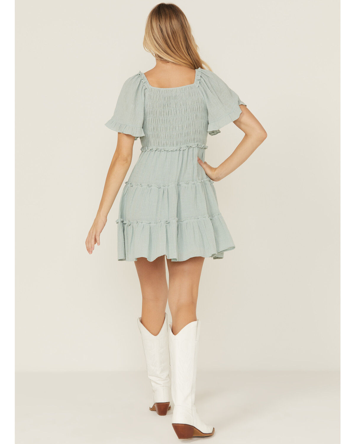Image #4 - Yura Women's Solid Smocked Short Sleeve Mini Dress, Seafoam, hi-res