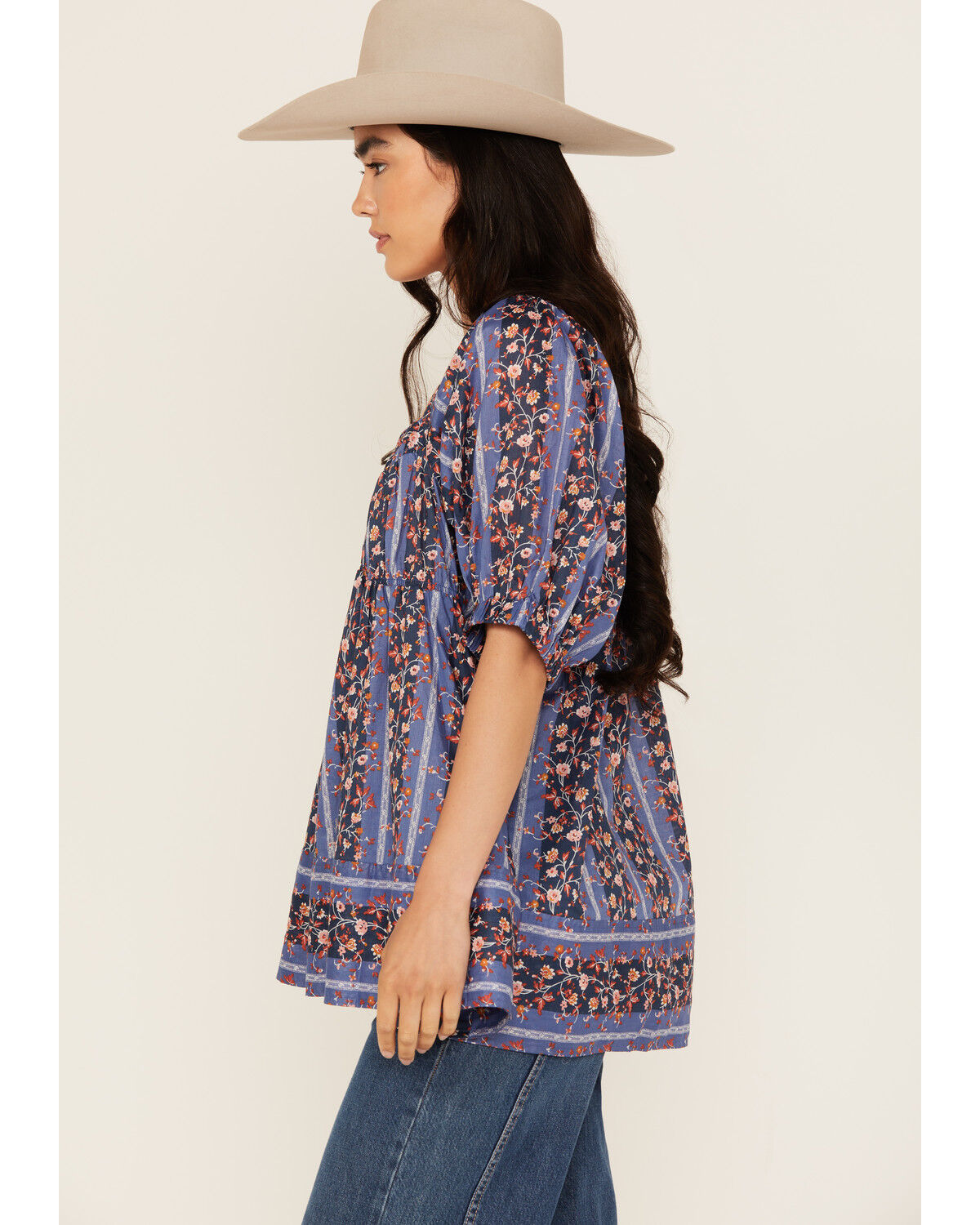 Image #2 - Free People Women's Vintage Lover Floral Print Short Sleeve Blouse, Blue, hi-res
