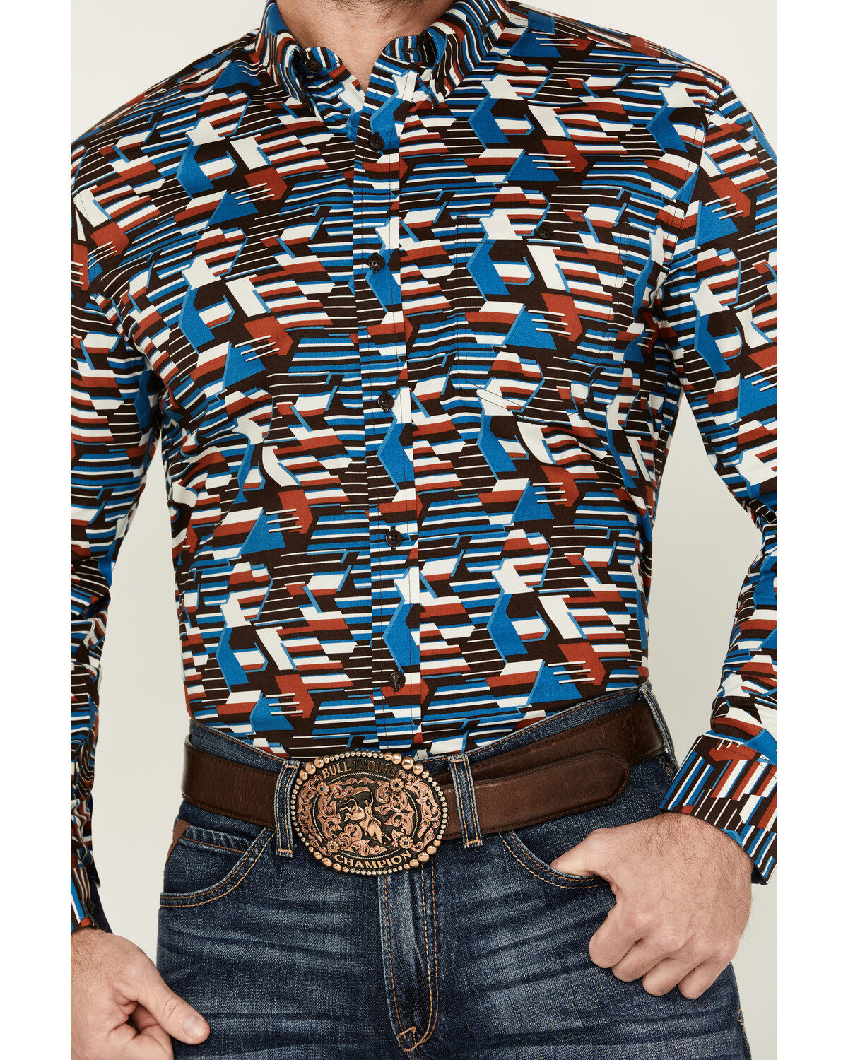 Image #3 - RANK 45® Men's Yaak Abstract Geo Print Long Sleeve Button-Down Stretch Western Shirt, Chocolate, hi-res