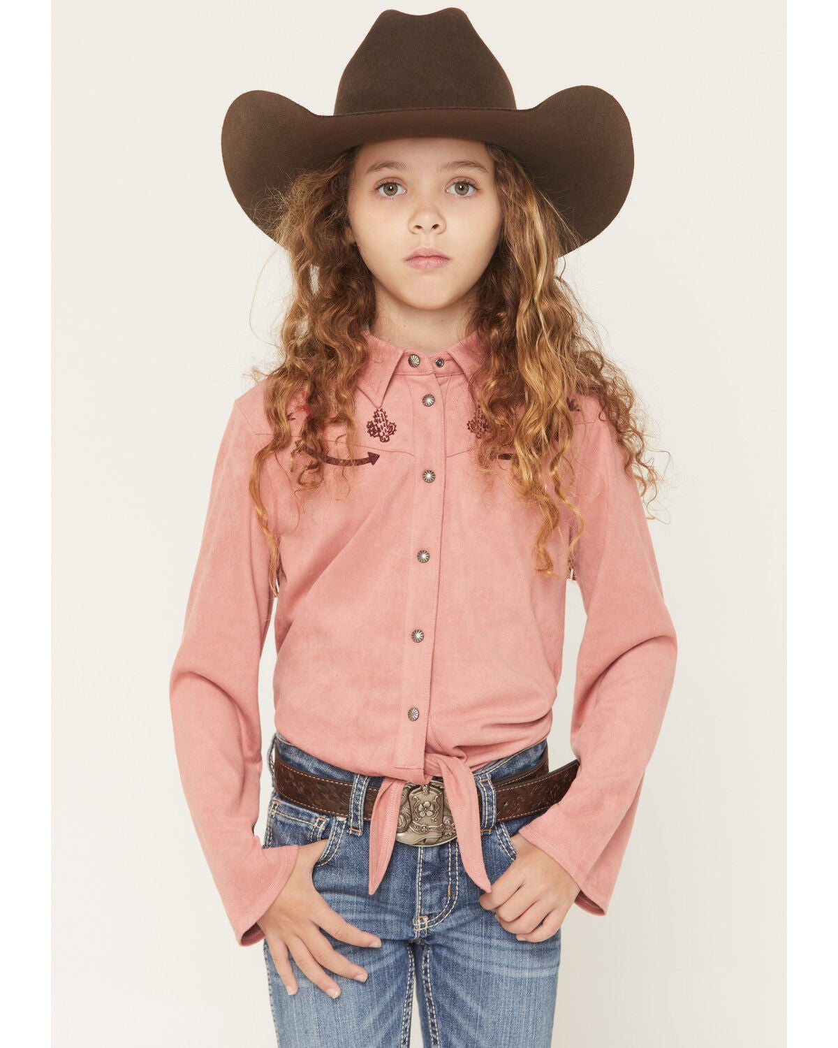 Shyanne Girls' Casey Faux Suede Embroidered Fringe Long Sleeve Western Shirt, Mauve, hi-res