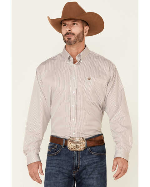 Cinch Men's Tencel Mini Stripe Long Sleeve Button-Down Western Shirt , Beige/khaki, hi-res