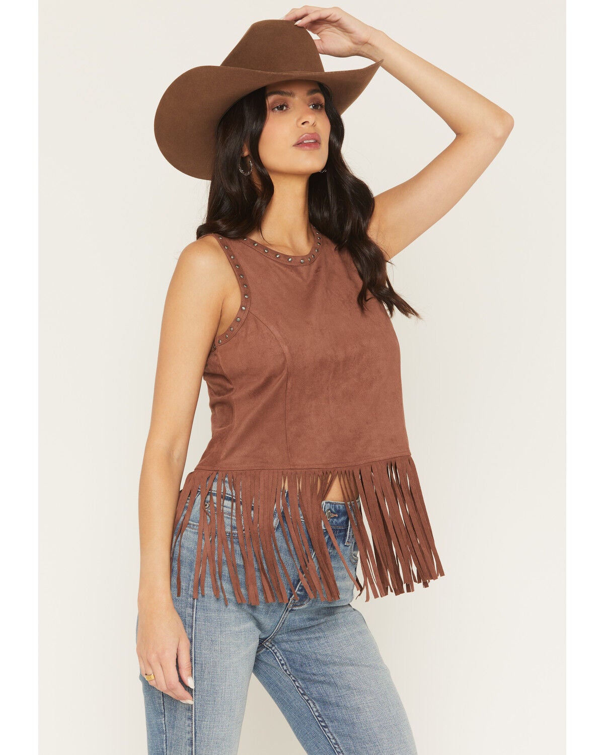 Idyllwind Women's Studded Fringe Faux Suede Tank Top, Brown, hi-res