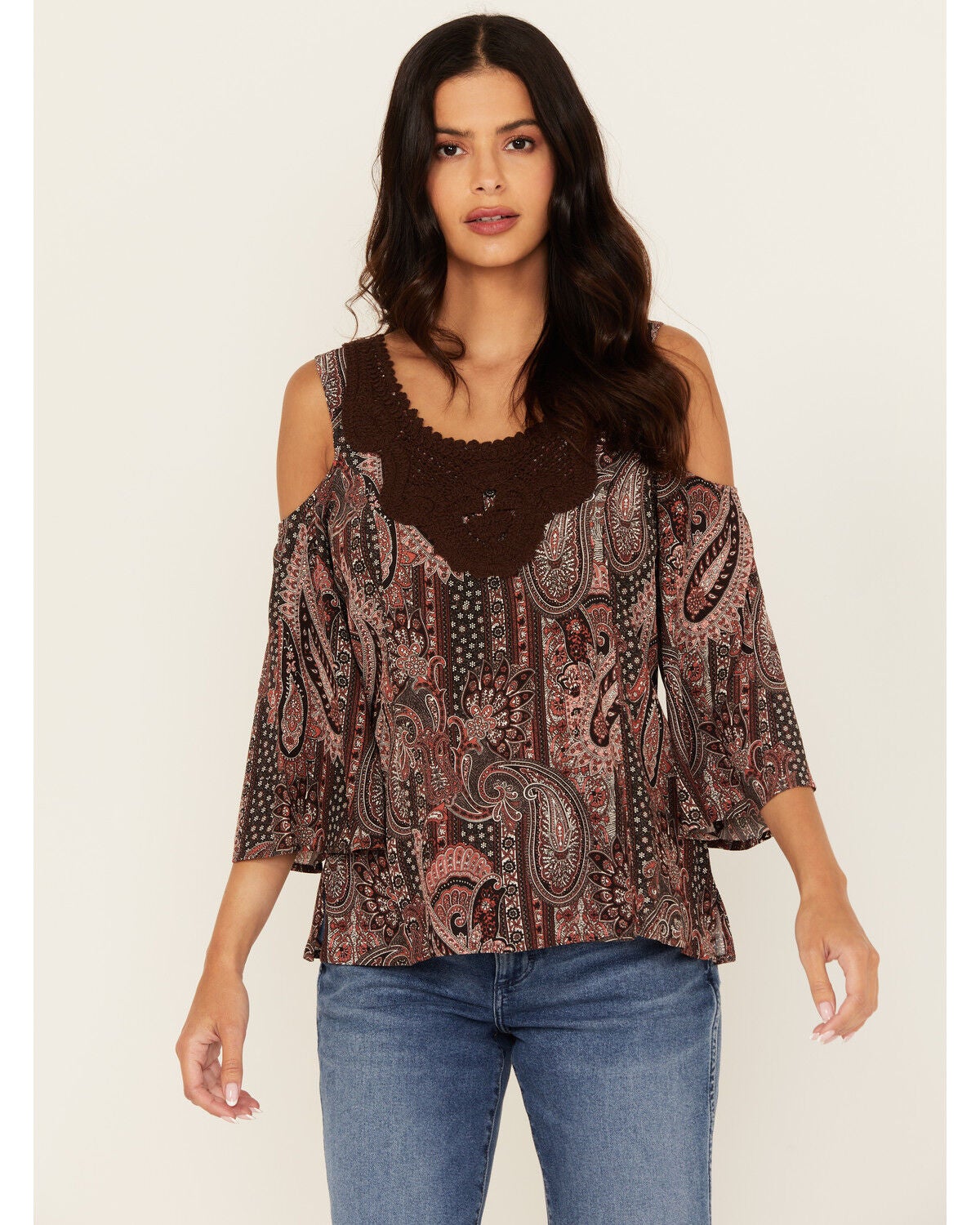 Shyanne Women's Printed Cold Shoulder Crochet Trim Top, Chocolate, hi-res