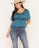 Image #1 - Shyanne Women's Hailey Satin Flounce Short Sleeve Peasant Blouse, Teal, hi-res