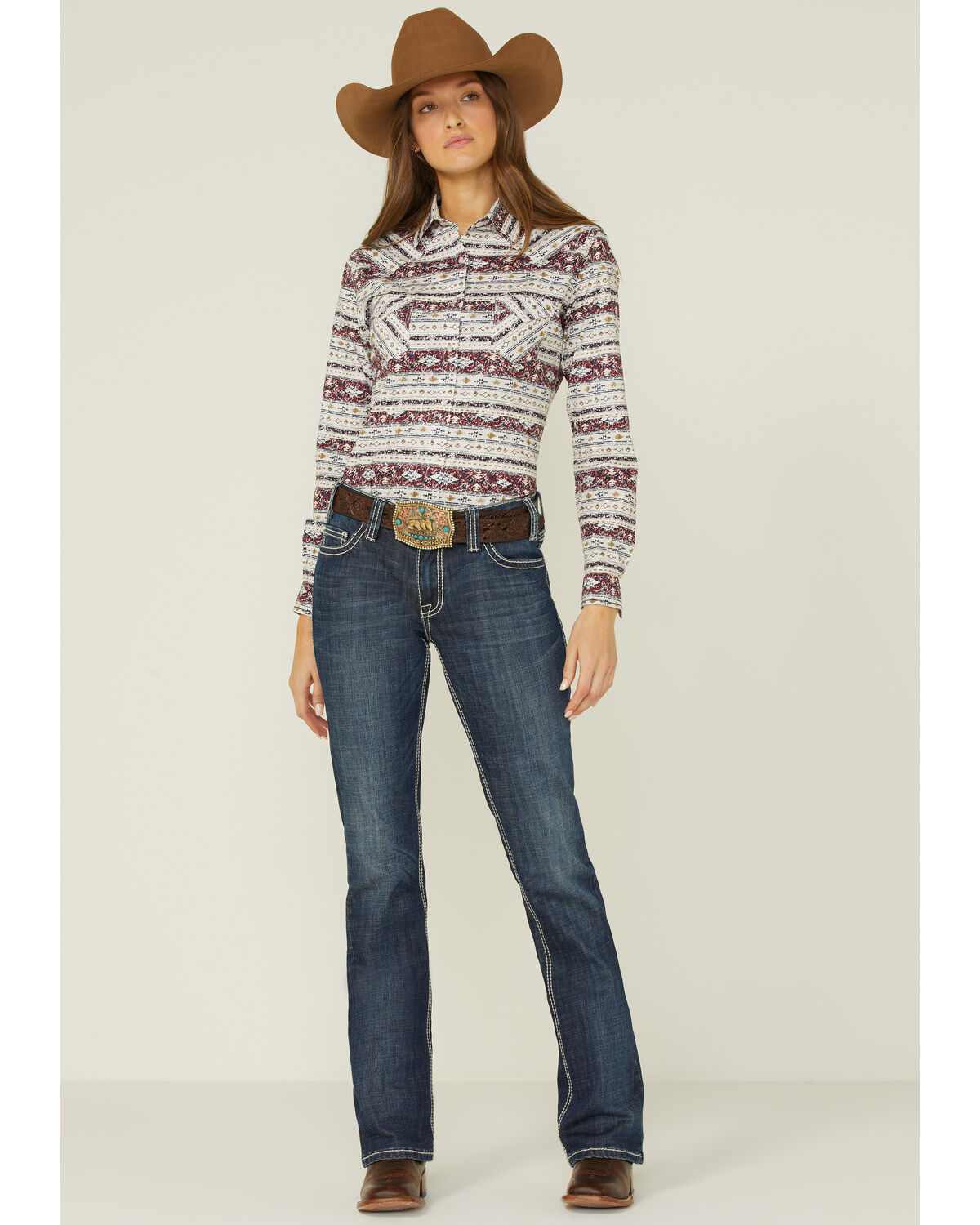 Image #4 - Panhandle Women's Southwestern Print Long Sleeve Button Down Shirt, Wine, hi-res