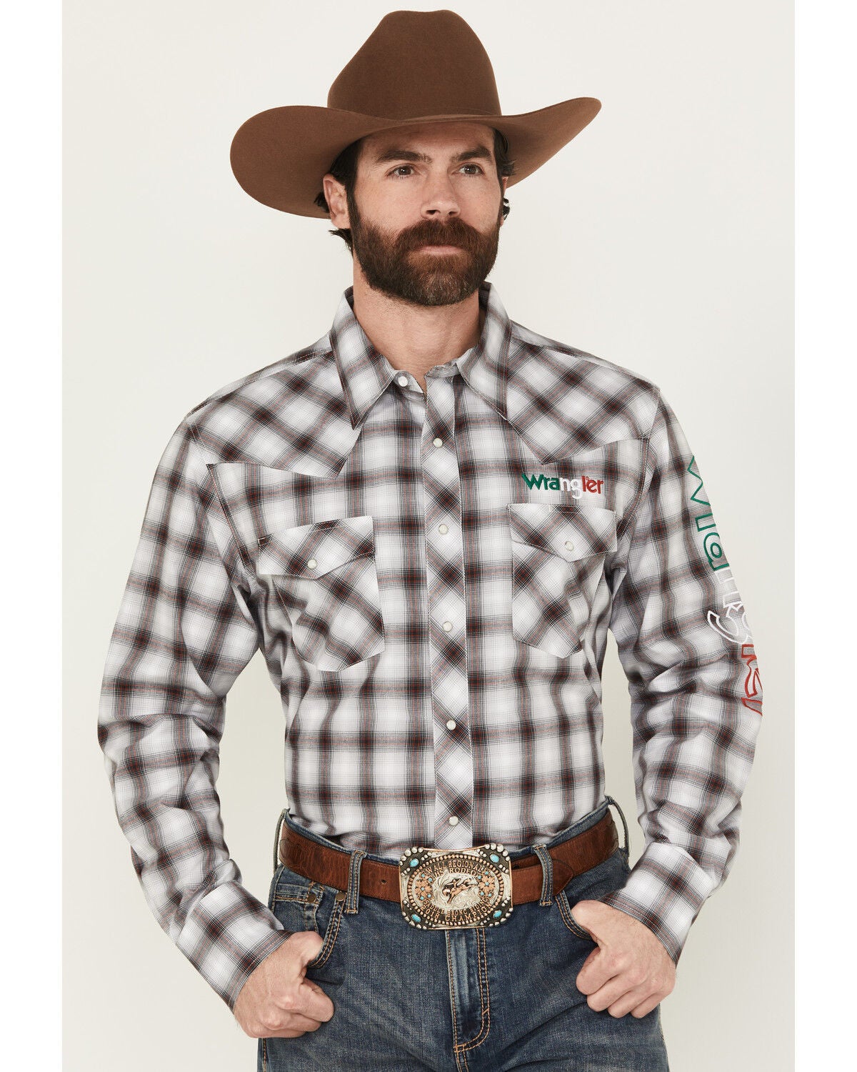 Wrangler Men's Plaid Print Logo Long Sleeve Snap Western Shirt - Tall, Black, hi-res