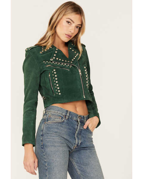 Image #2 - Understated Leather Women's Runway Studded Suede Moto Jacket, Green, hi-res
