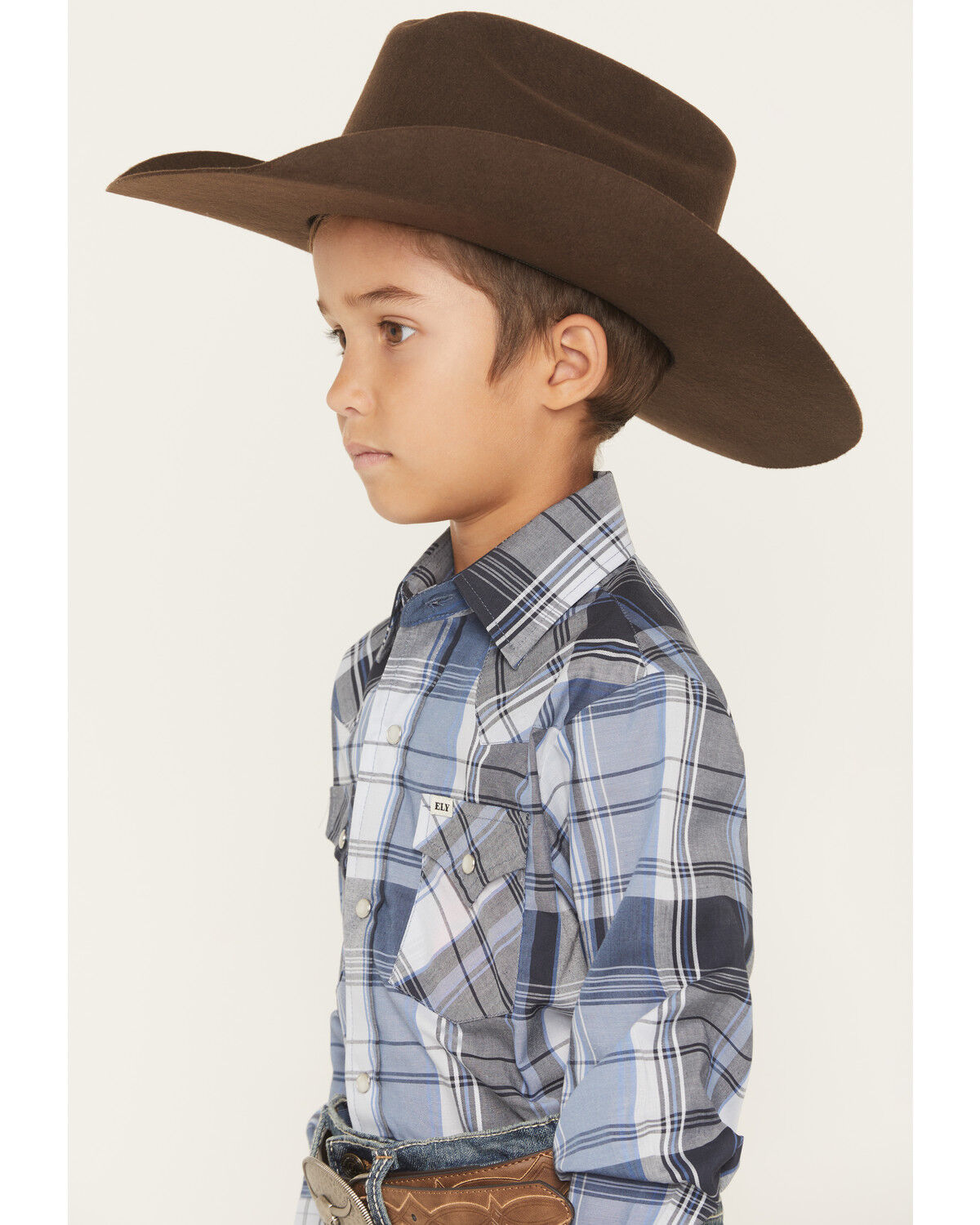 Image #2 - Ely Walker Boys' Plaid Print Long Sleeve Pearl Snap Western Shirt, Blue, hi-res