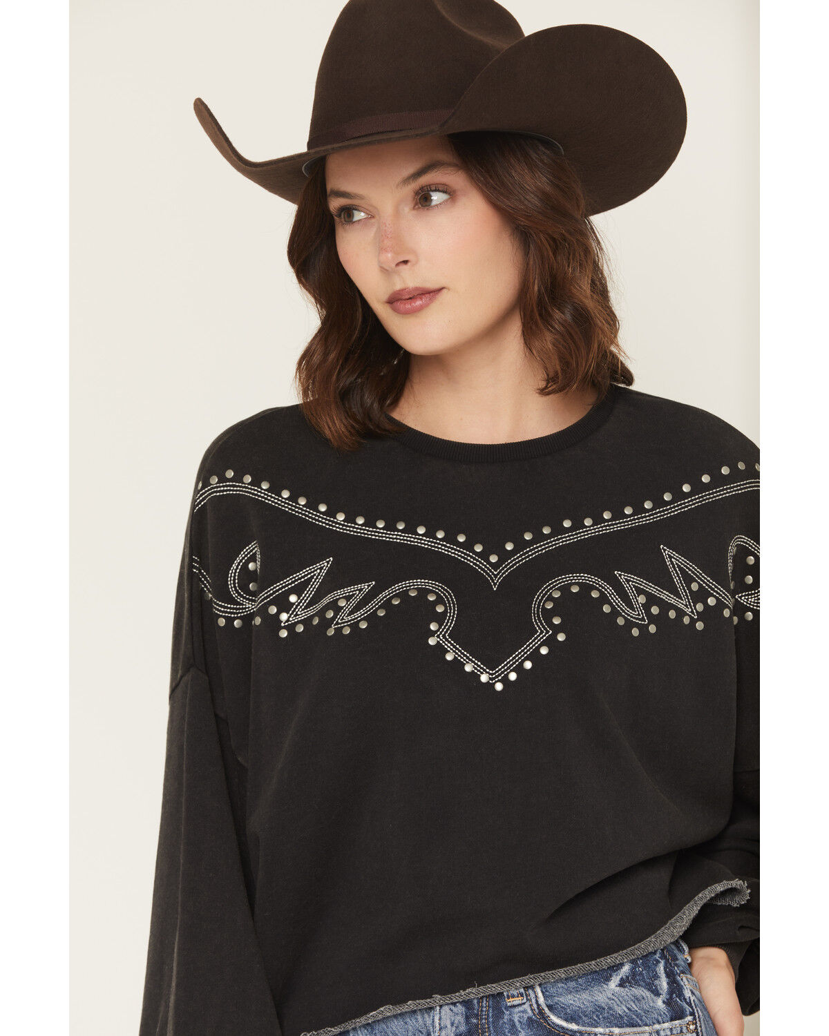 Image #2 - Rock & Roll Denim Women's Embroidered Bootstitch Crewneck, Black, hi-res