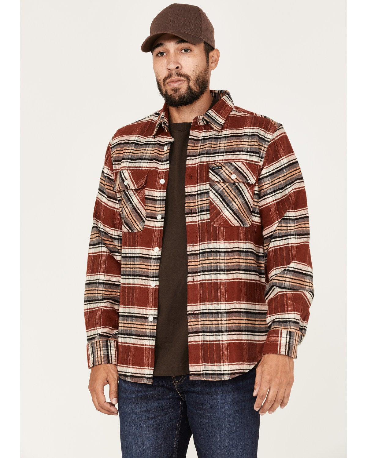 Brixton Men's Bowery Stretch Plaid Print Long Sleeve Utility Flannel Shirt, Burgundy, hi-res