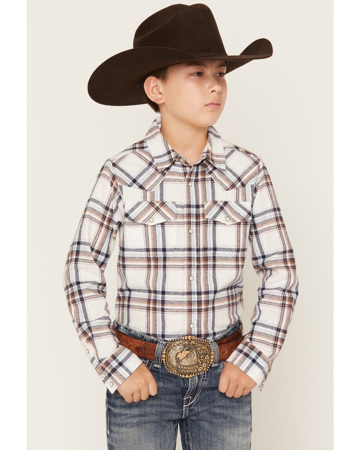 Image #1 - Gibson Trading Co Boys' Tucker Plaid Print Long Sleeve Snap Flannel Shirt, White, hi-res