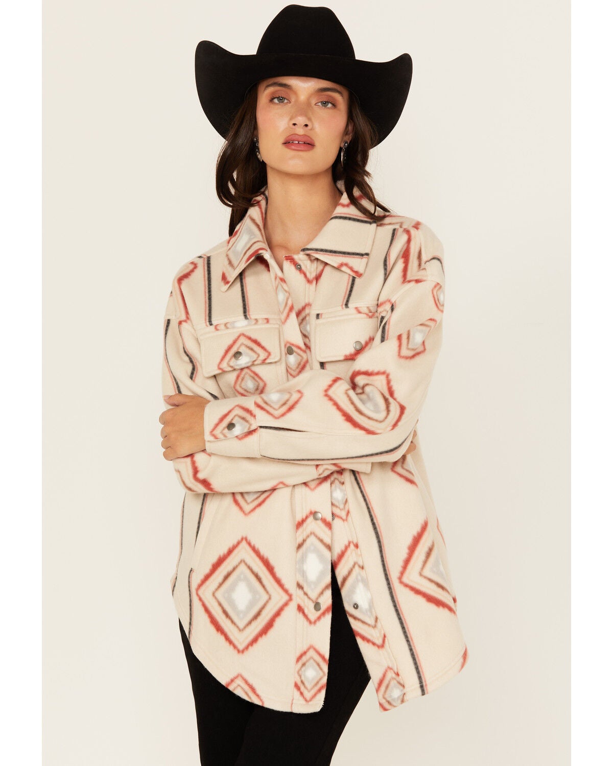 Fornia Women's Southwestern Print Polar Fleece Shacket, Grey, hi-res