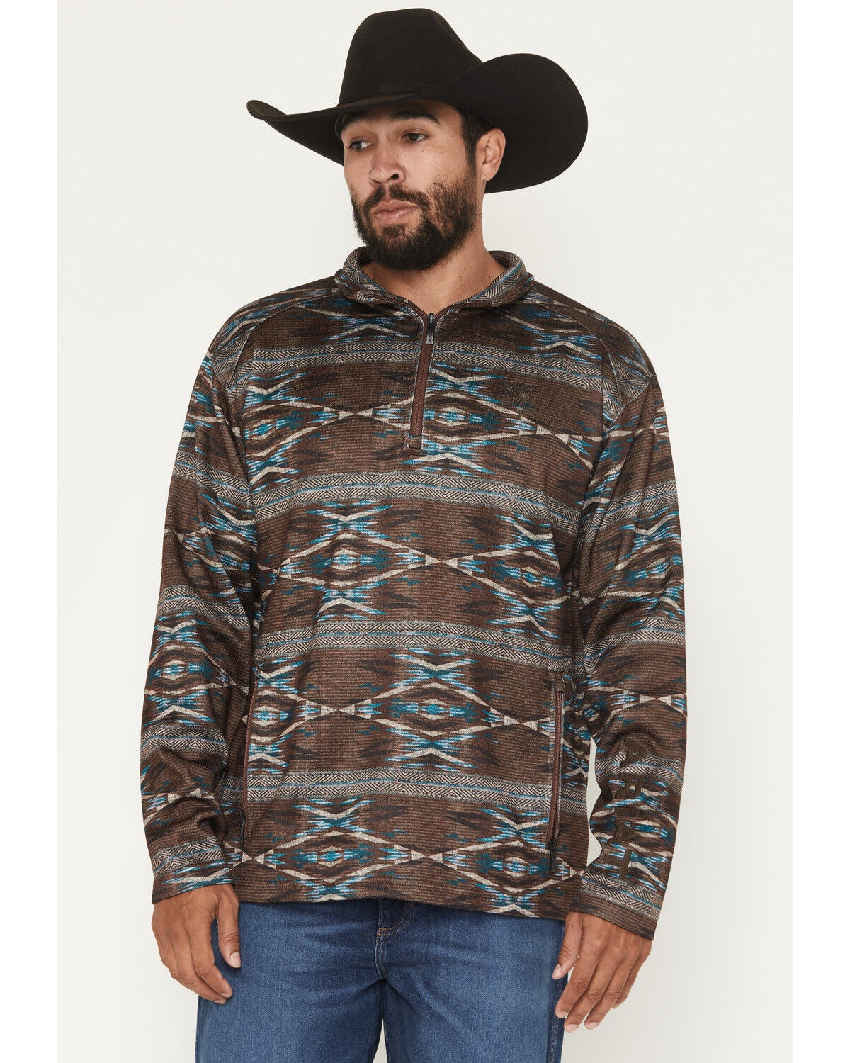 Ariat Men's Caldwell Southwestern Print 1/4 Zip Pullover Sweater, Dark Red, hi-res