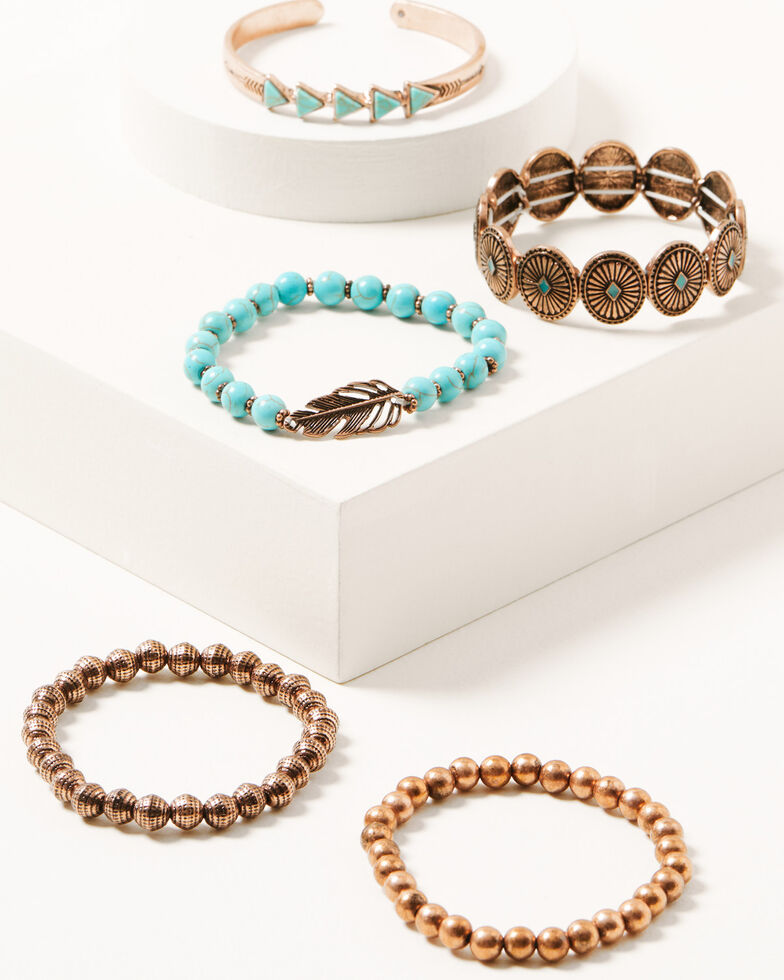 Shyanne Women's 5-piece Copper & Turquoise Beaded Concho Stretch Bracelet Set, Rust Copper, hi-res