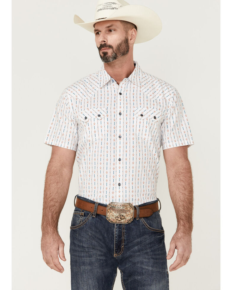 Moonshine Spirit Men's Cocopah Southwestern Print Short Sleeve Snap Western Shirt , White, hi-res
