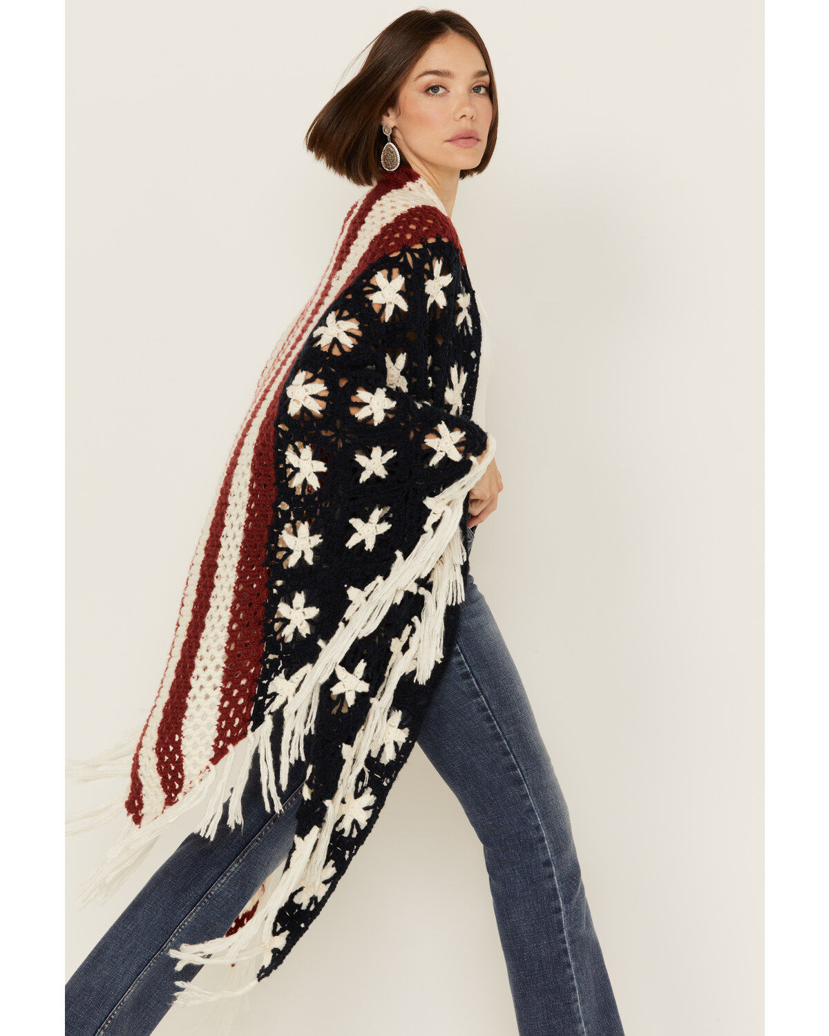 Image #2 - Shyanne Women's Americana Fringe Crochet Shawl, Red/white/blue, hi-res