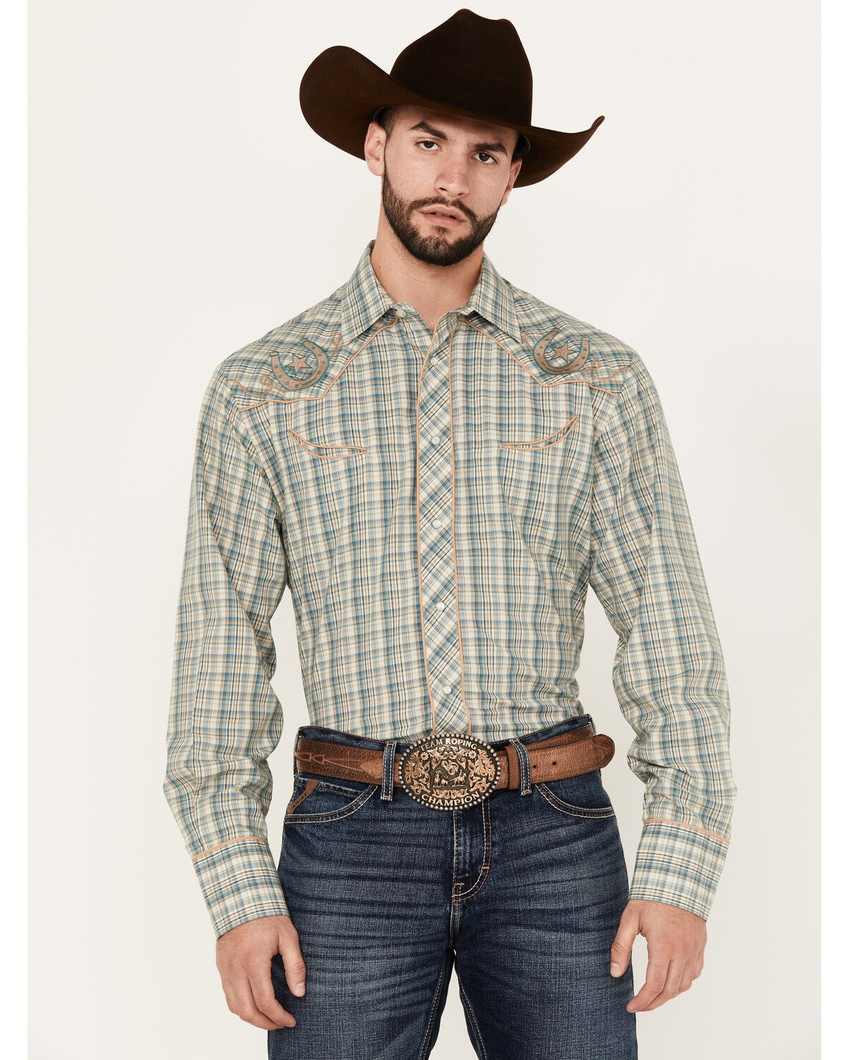Roper Men's Plaid Print Embroidered Long Sleeve Pearl Snap Western Shirt, Teal, hi-res