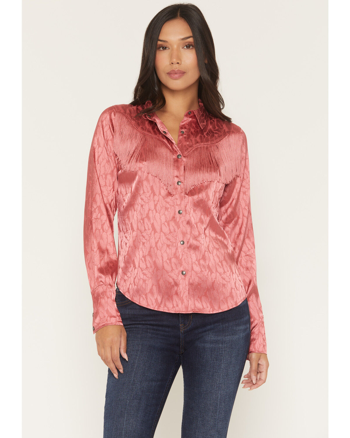 Image #1 - Shyanne Women's Roberta Long Sleeve Fringe Satin Button-Down Western Shirt, Dark Pink, hi-res