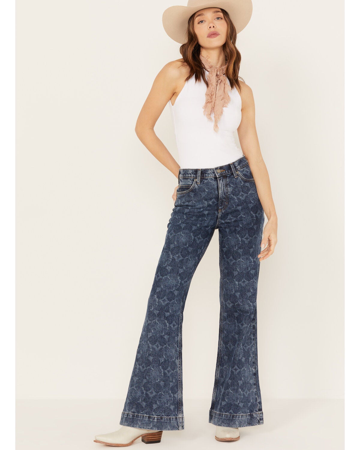 Lee Women's Medium Wash Mid Rise Floral Flare Jeans, Blue, hi-res
