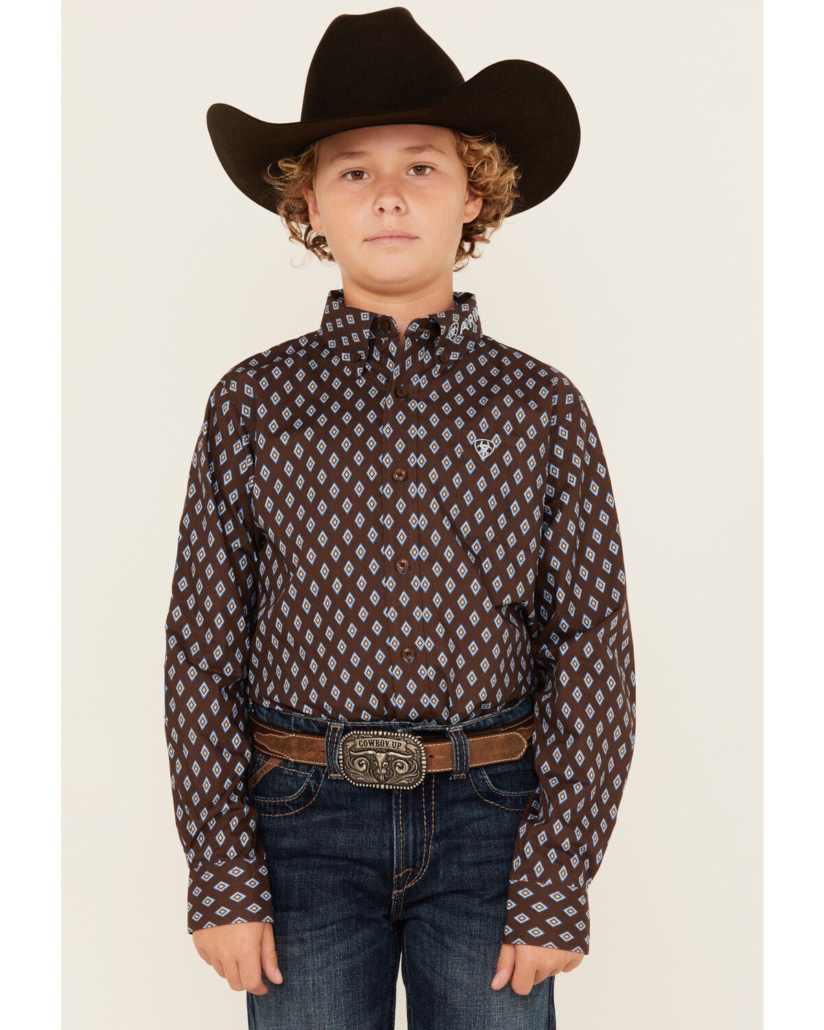 Ariat Boys' Logo Team Geo Print Long Sleeve Button-Down Western Shirt, Brown, hi-res