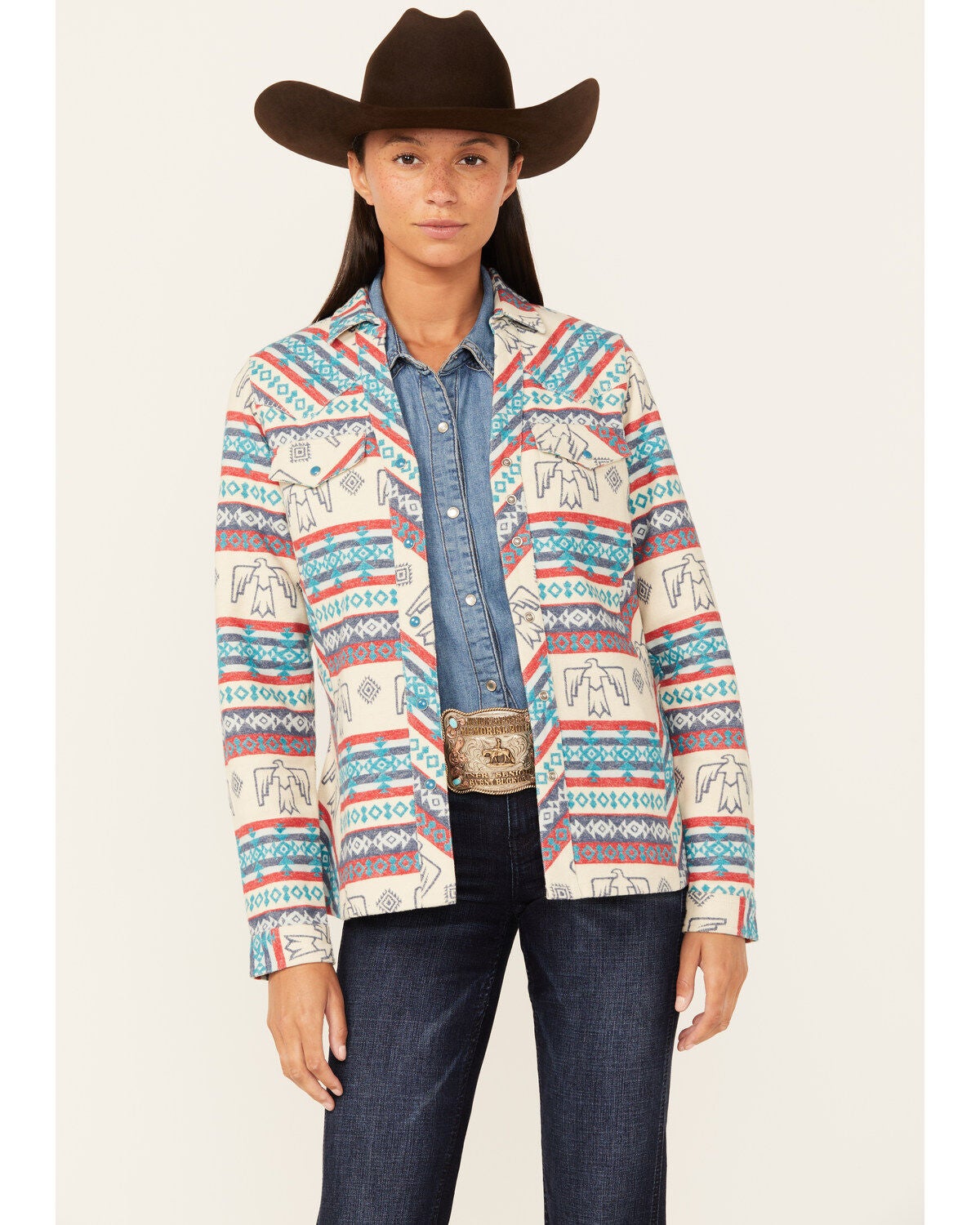 Outback Trading Co Women's Lorelei Southwestern Thunderbird Print Long Sleeve Snap Performance Shirt, Tan, hi-res