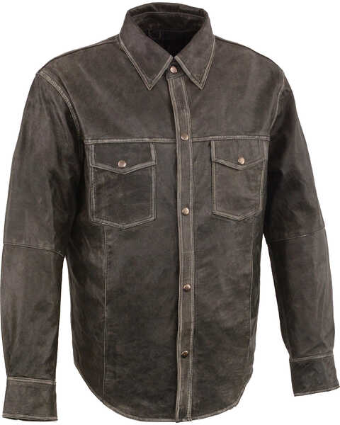Milwaukee Leather Men's Grey Lightweight Leather Long Sleeve Western Shirt , Grey, hi-res
