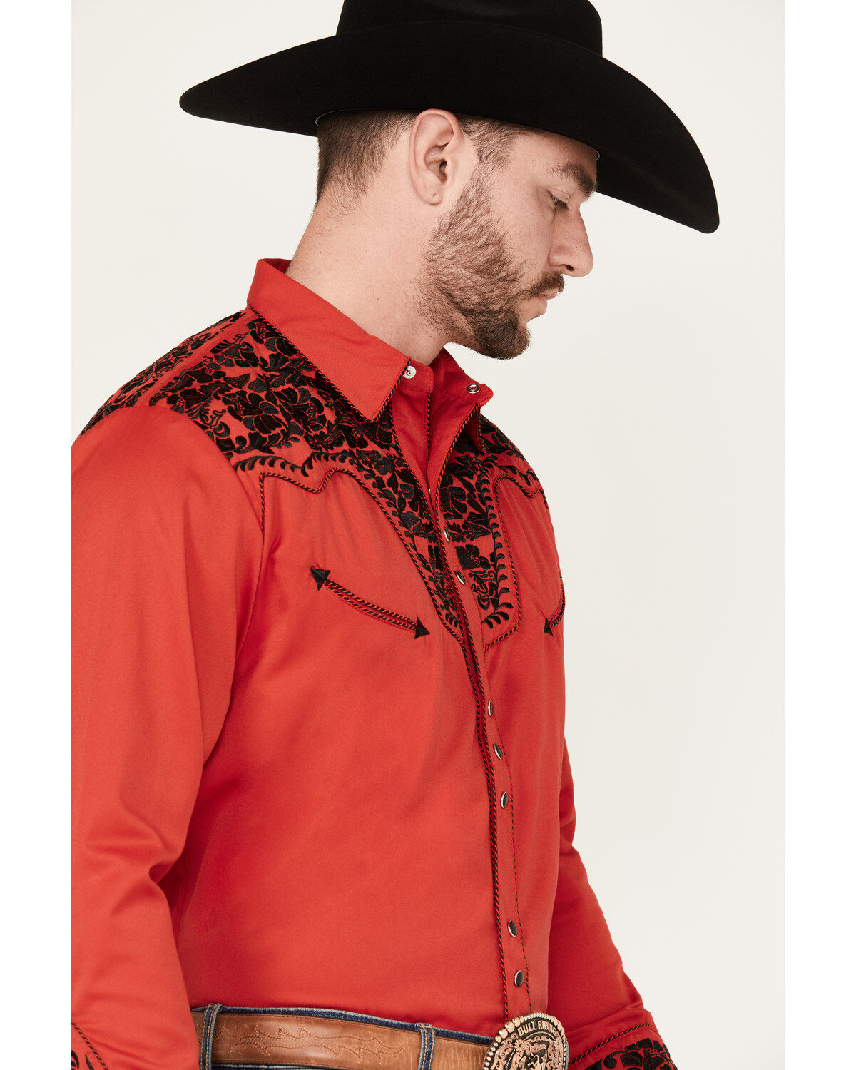 Image #3 - Scully Men's Embroidered Red Retro Long Sleeve Western Shirt, , hi-res