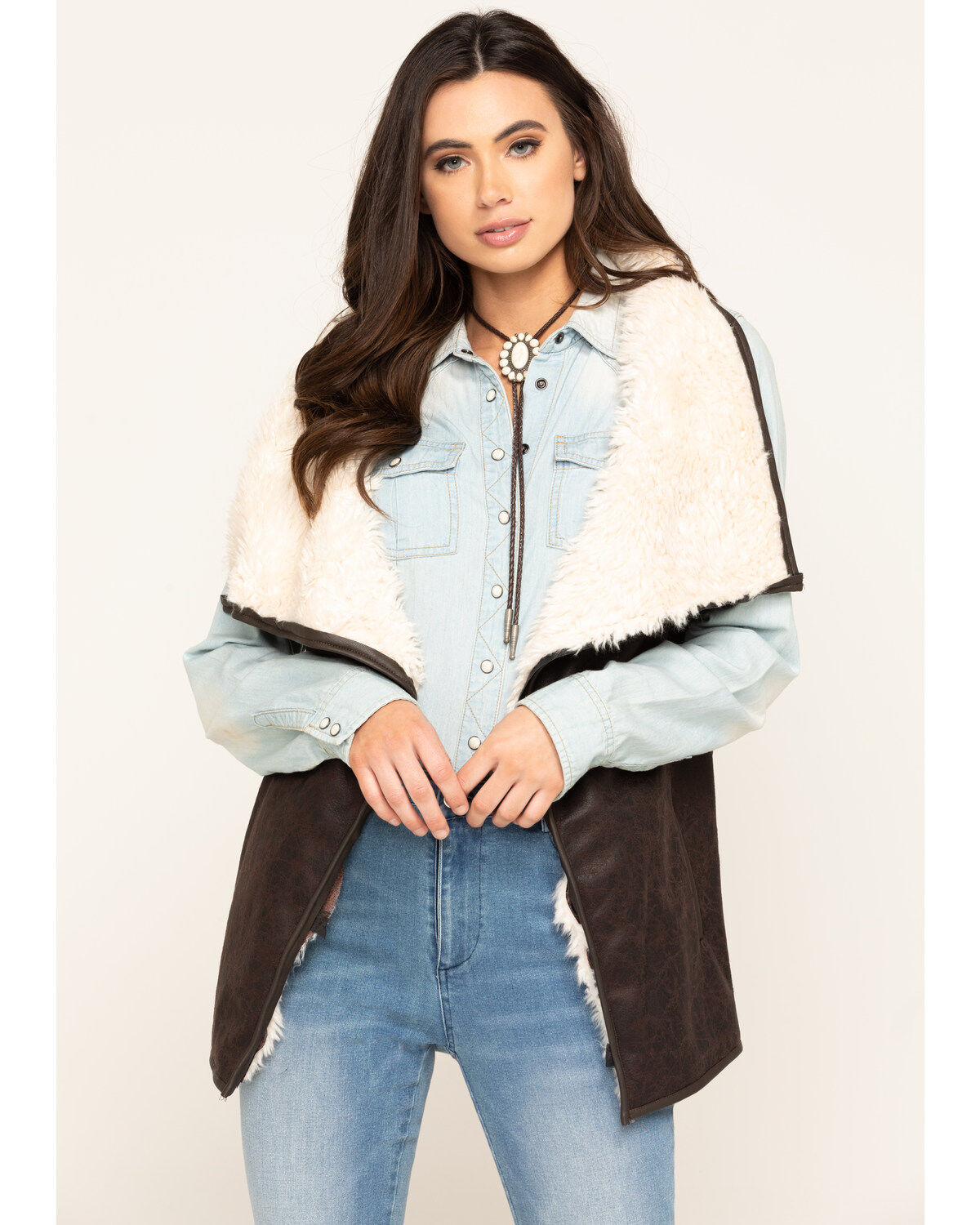 Image #1 - Cripple Creek Women's Pine Cone Faux Shearling Wrap Vest, , hi-res