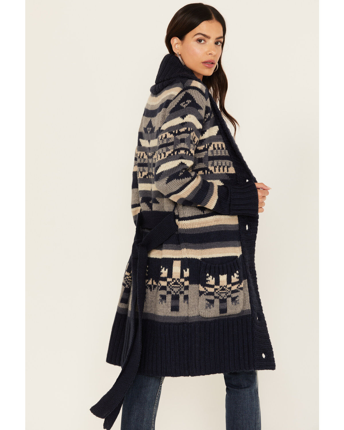 Image #1 - Stetson Women's Southwestern Print Shawl Cardigan, Blue, hi-res