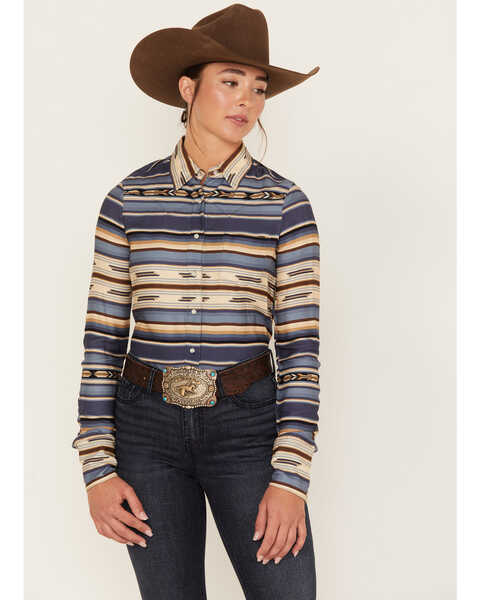 Stetson Women's Serape Stripe Long Sleeve Snap Western Shirt, Blue, hi-res