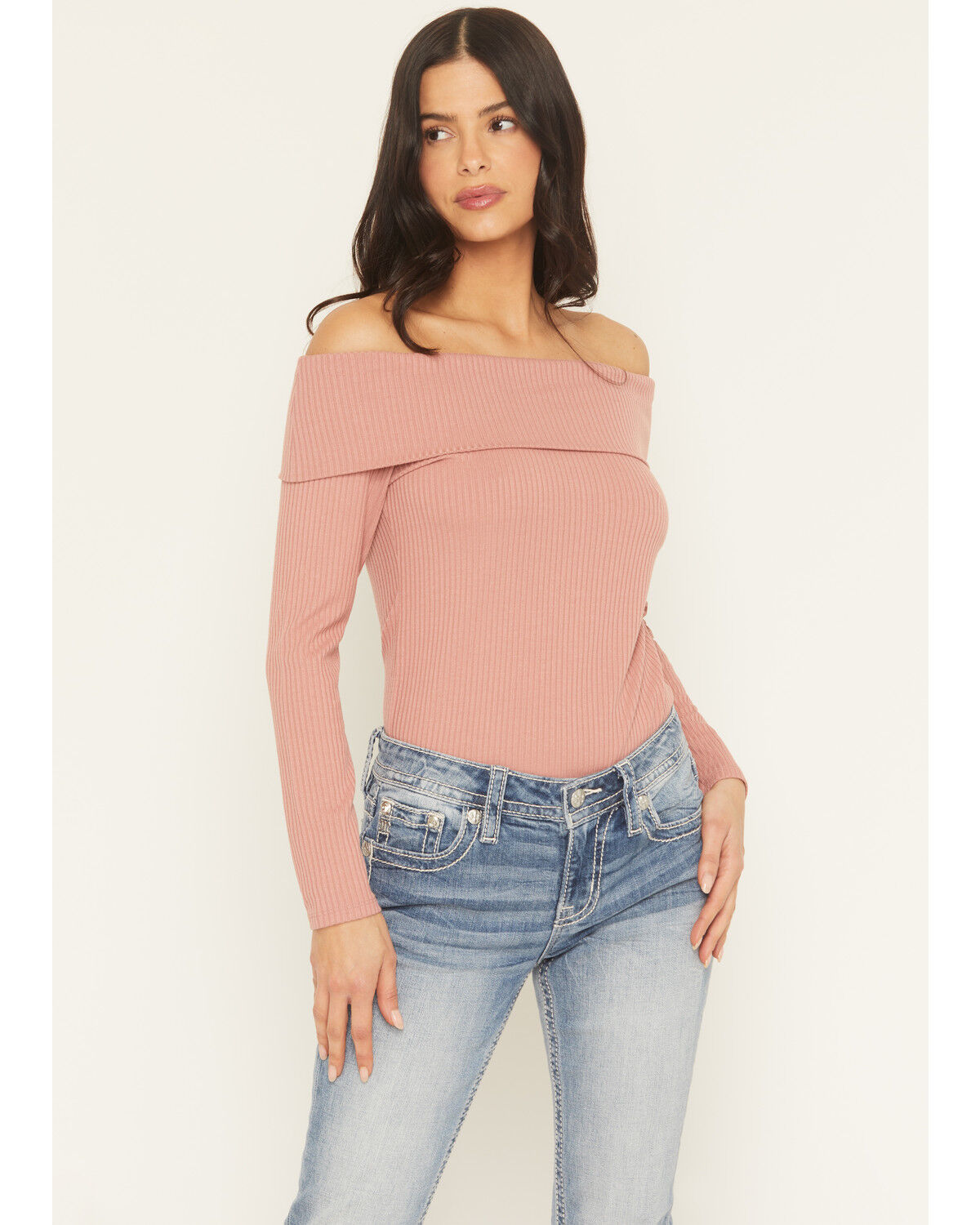 Shyanne Women's Rib Knit Off The Shoulder Long Sleeve Shirt, Mauve, hi-res