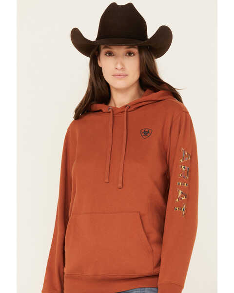 Ariat Women's Southwestern Print Embroidered Logo Hoodie , Rust Copper, hi-res