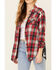 Nostalgia Women's Plaid Print Embroidered Back Panel Long Sleeve Western Shirt , Red, hi-res