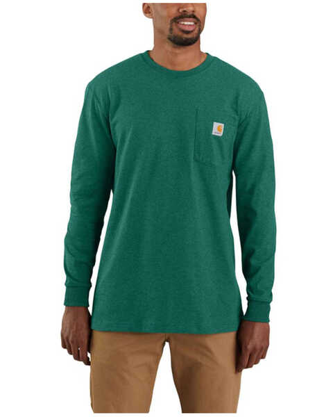 Carhartt Men's Heather Green Antler Logo Graphic Heavyweight Long Sleeve Work Pocket T-Shirt , Green, hi-res