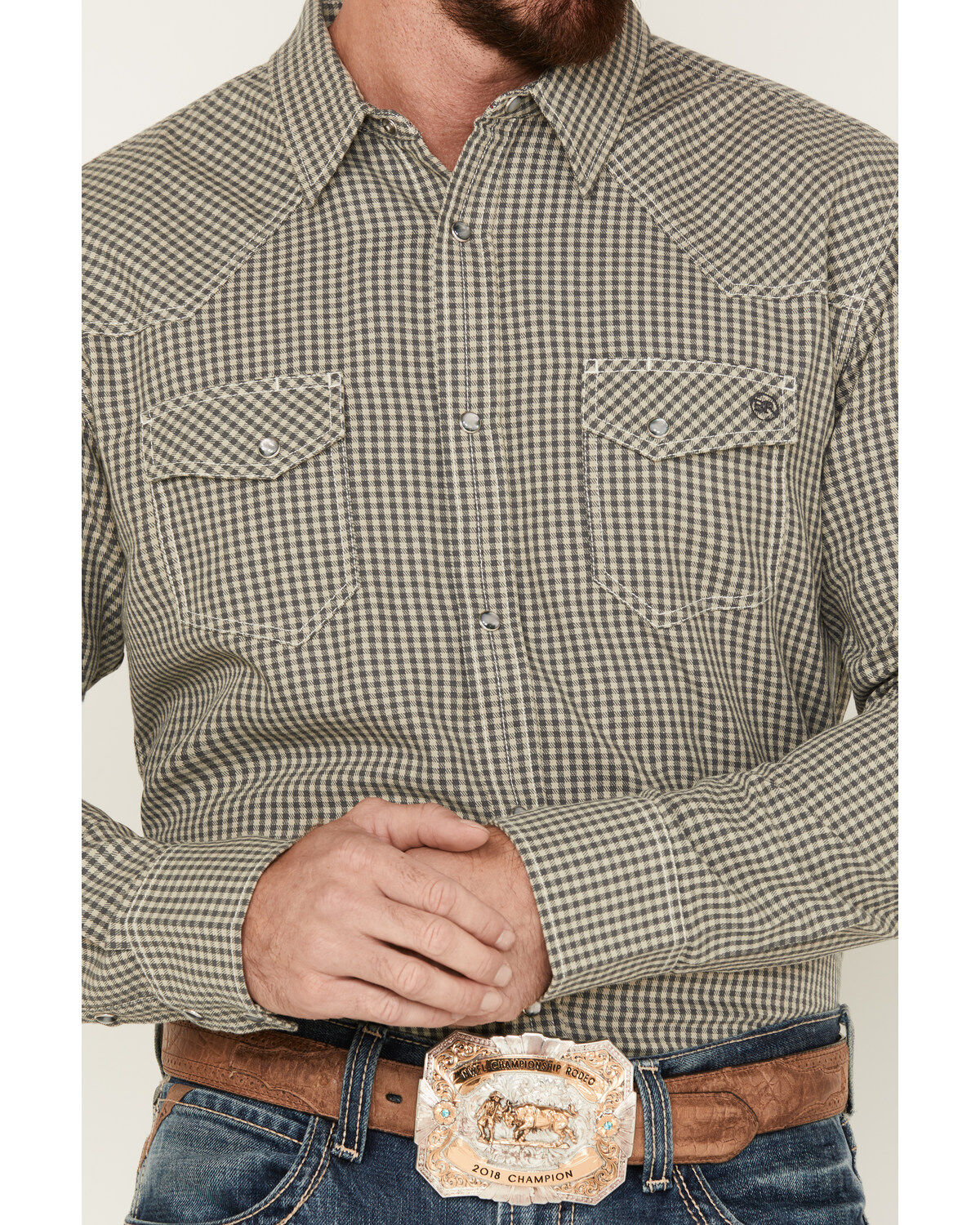 Image #3 - Blue Ranchwear Men's Gingham Check Snap Western Workshirt, Sand, hi-res