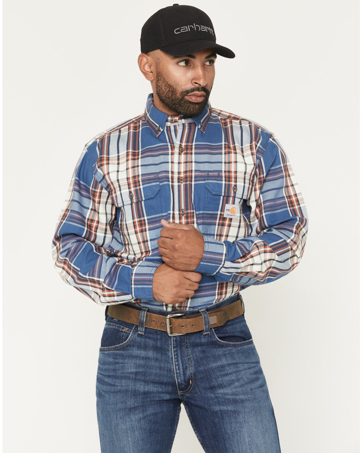Image #1 - Carhartt Men's FR Force® Loose Fit Twill Plaid Print Long Sleeve Button-Down Work Shirt, Dark Blue, hi-res