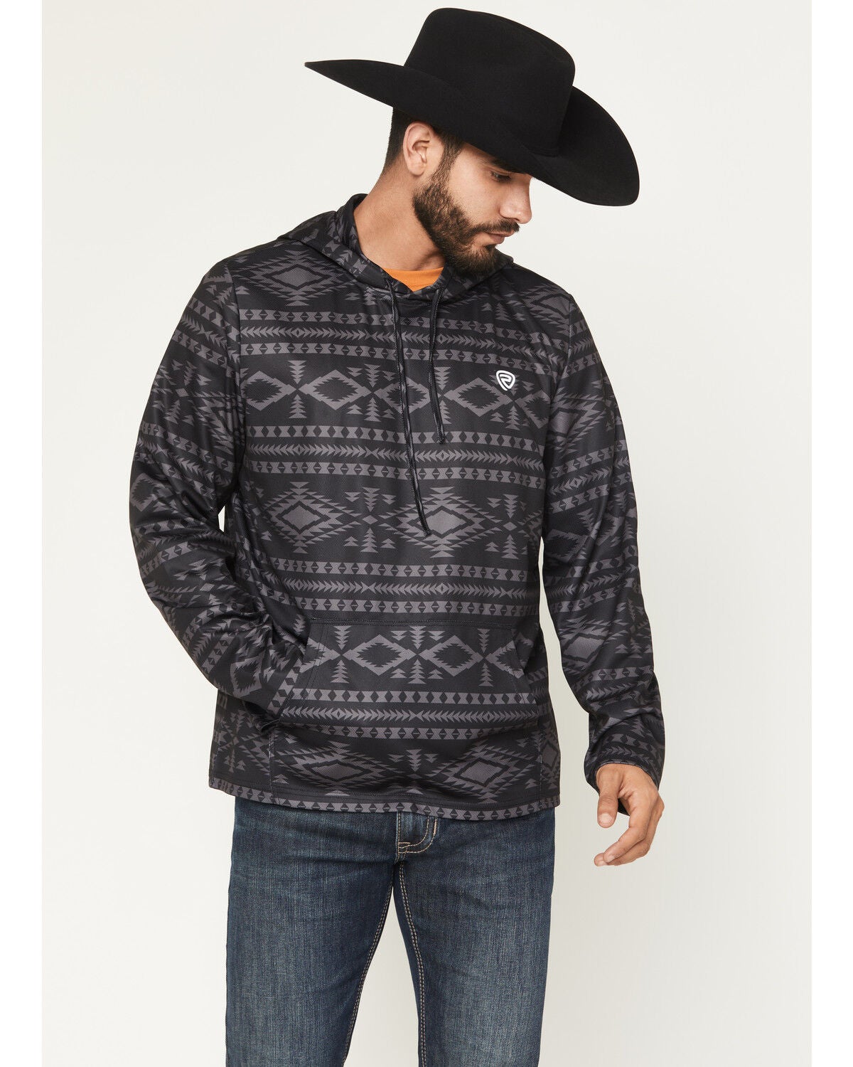 Rock & Roll Denim Men's Southwestern Print Performance Hooded Sweatshirt, Black, hi-res