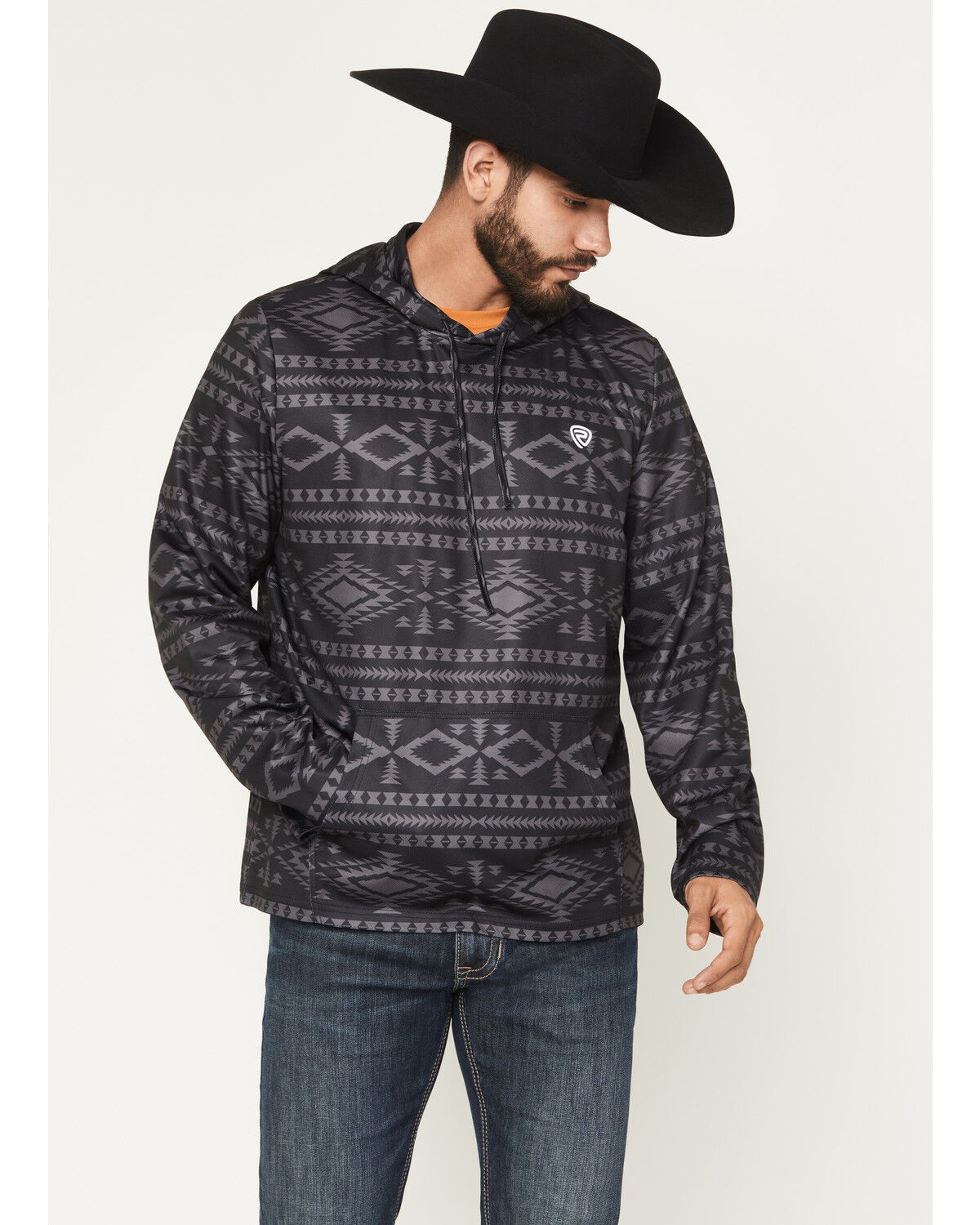 Image #1 - Rock & Roll Denim Men's Southwestern Print Performance Hooded Sweatshirt, Black, hi-res