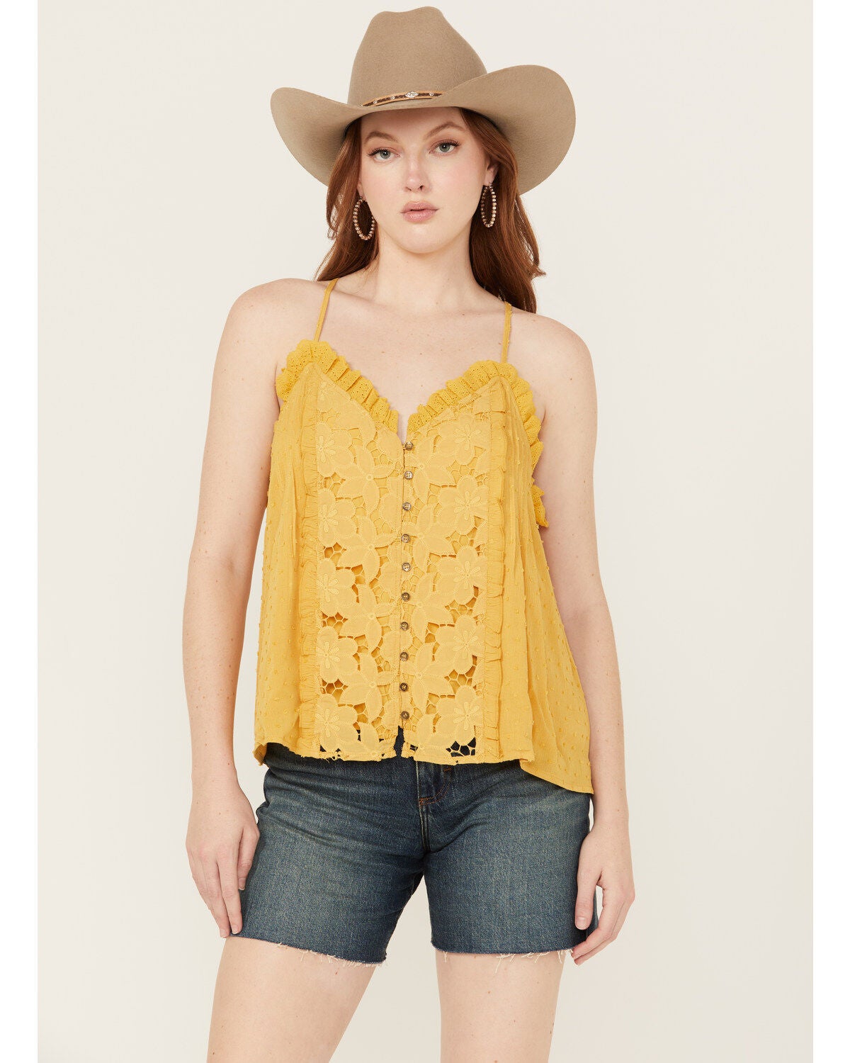 Miss Me Women's Sleeveless Lettuce Hem Tank Top, Yellow, hi-res