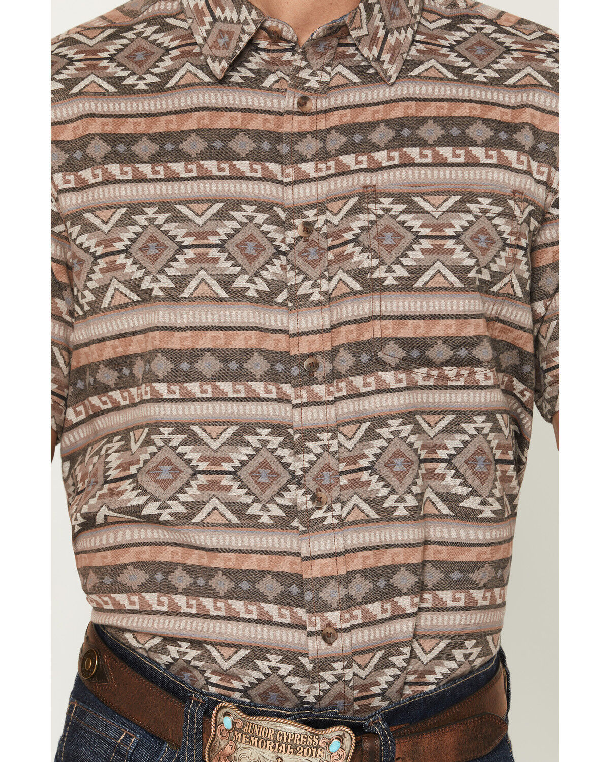 Image #3 - Cody James Men's Captain Southwestern Print Short Sleeve Button-Down Stretch Western Shirt, Brown, hi-res