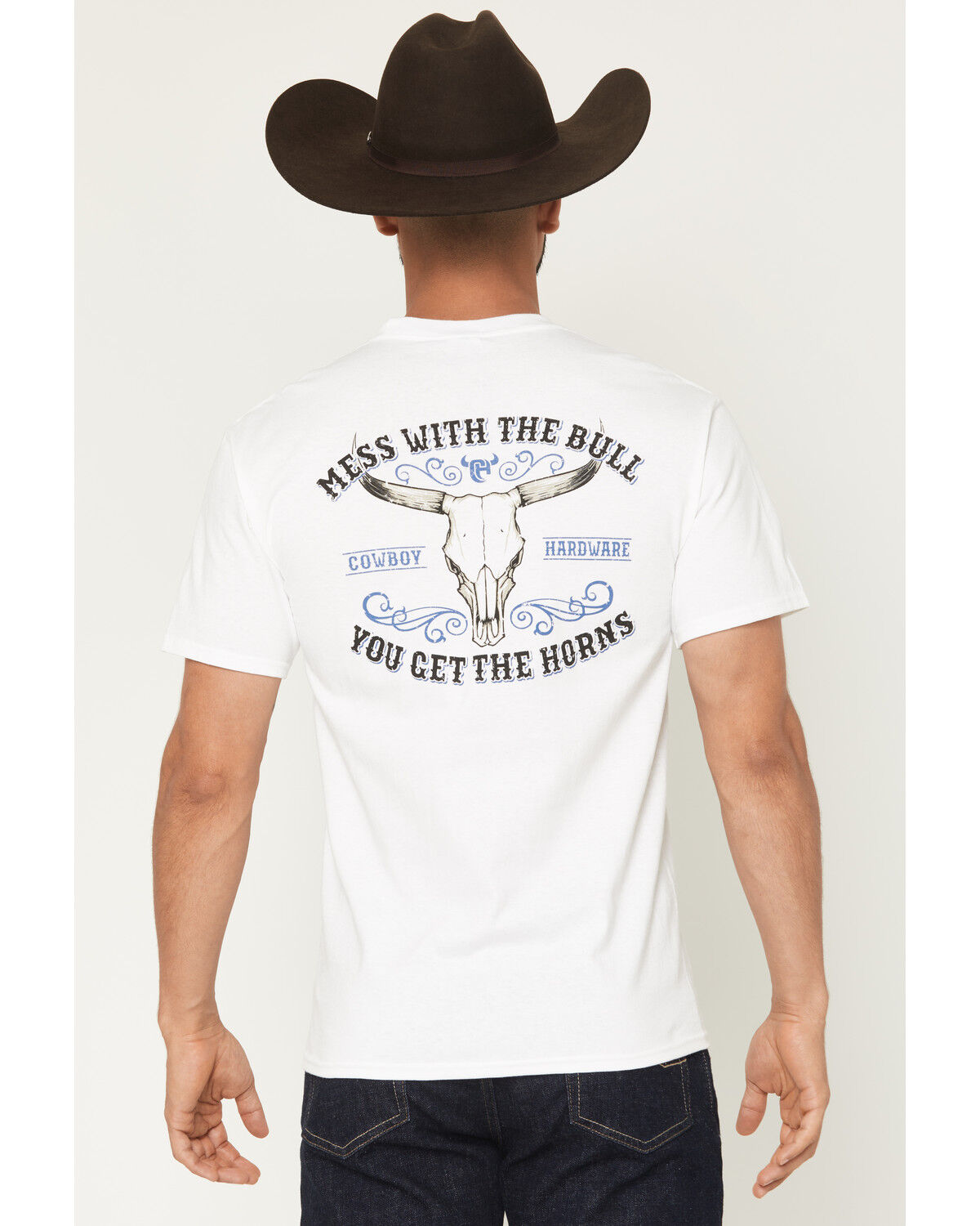 Image #1 - Cowboy Hardware Men's Mess With The Bull Short Sleeve Graphic T-Shirt, White, hi-res